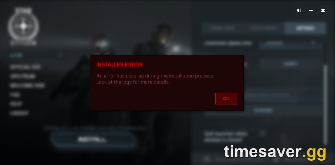 The Star Citizen RSI Launcher showing an "INSTALLER ERROR" dialog box