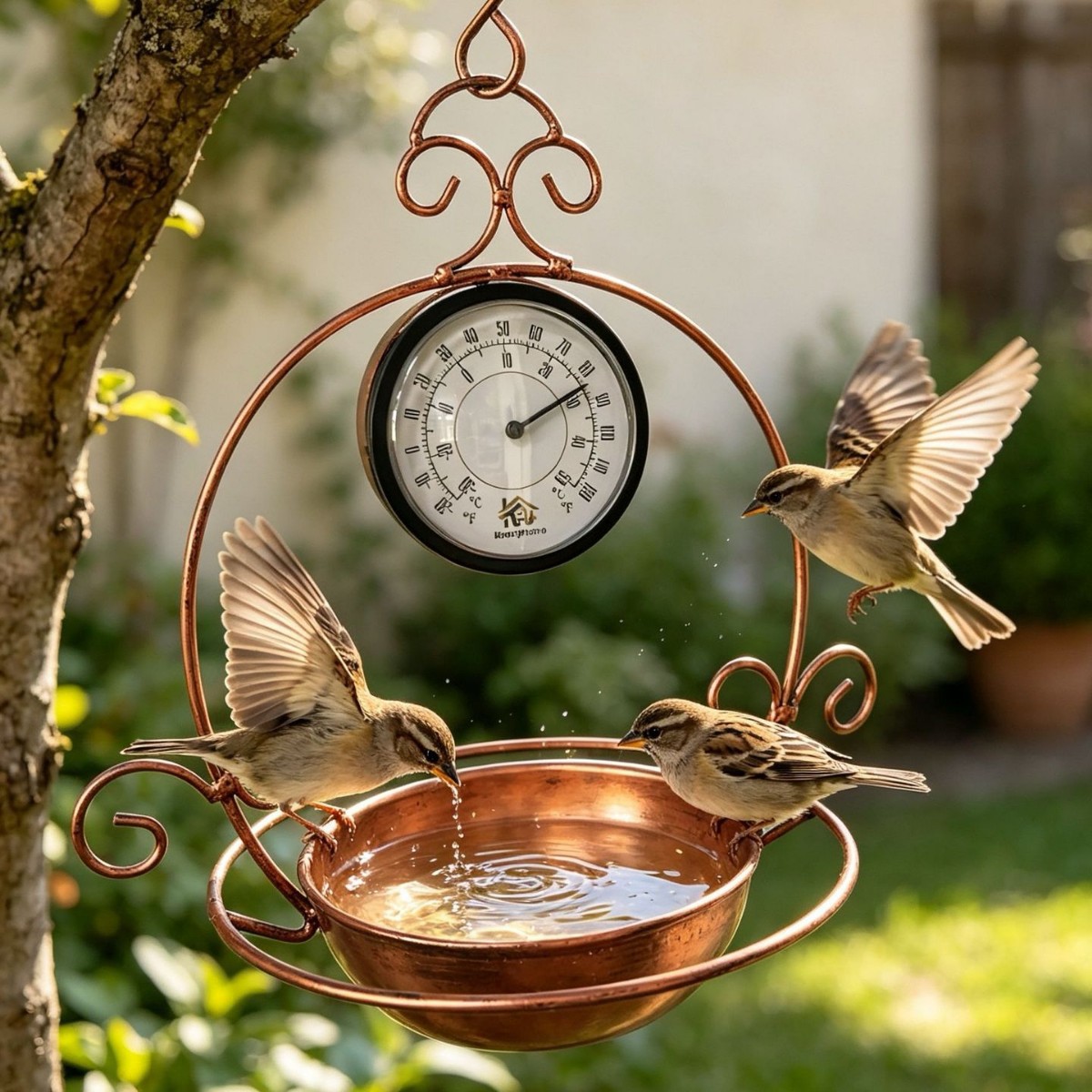 Hanging bird feeder made of iron with thermometer