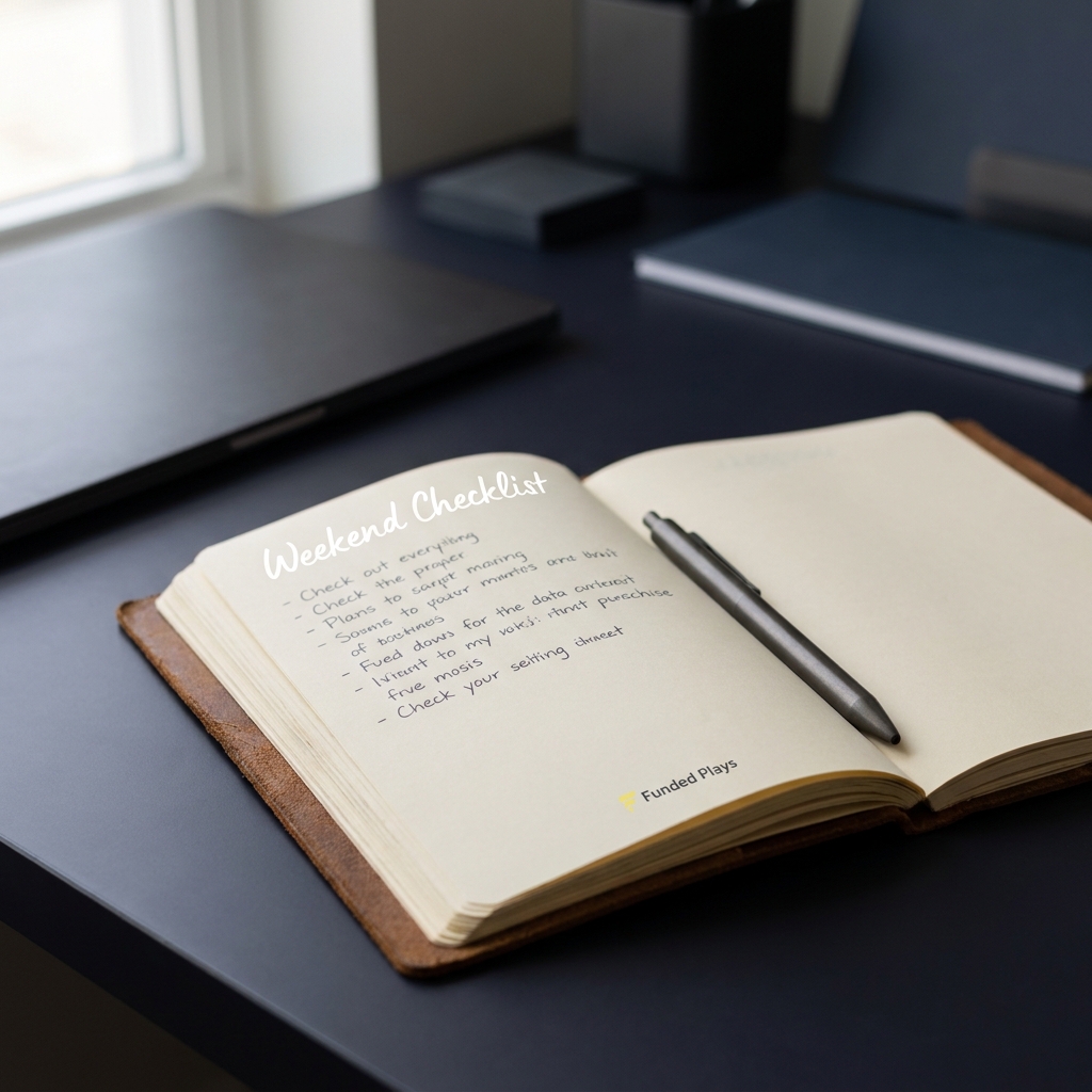 A minimalist full frame close up of a decision journal open on a desk with handwritten Weekend Checklist and a pen in natural light styled in Funded Plays colors nfl football odds for this weekend