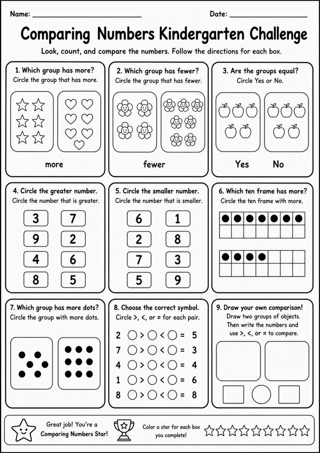 Comparing Numbers Kindergarten Challenge Worksheet