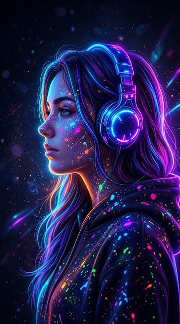 Profile of a Woman with Headphones and Colorful Neon Paint Splatters - Free mobile Wallpaper