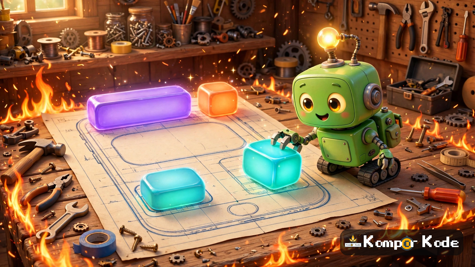 Ilustrasi robot menyusun blok tampilan aplikasi di atas meja kerja