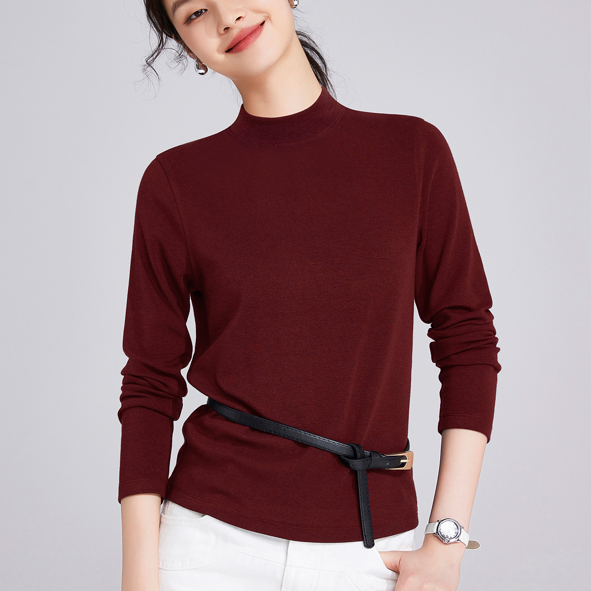 Wool blend long sleeve shirt with stand-up collar