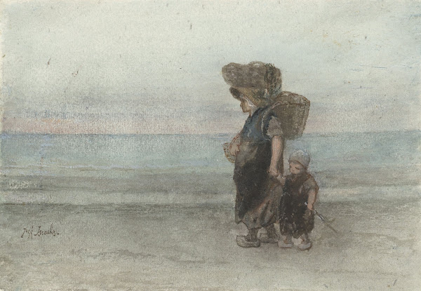 Vrouw met kind lopend over het strand 1834   1911