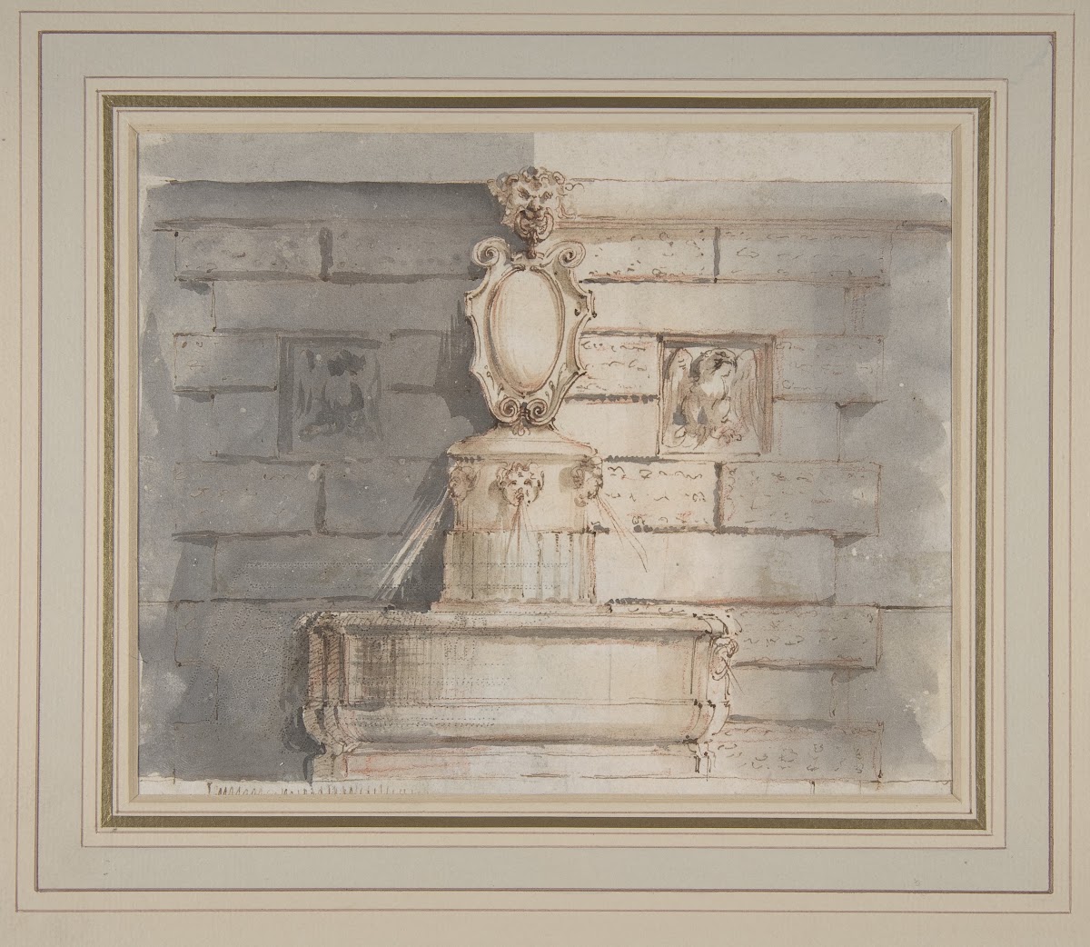 Design for a Fountain at a Street Corner Decorated with Putti Heads a Coat of Ar