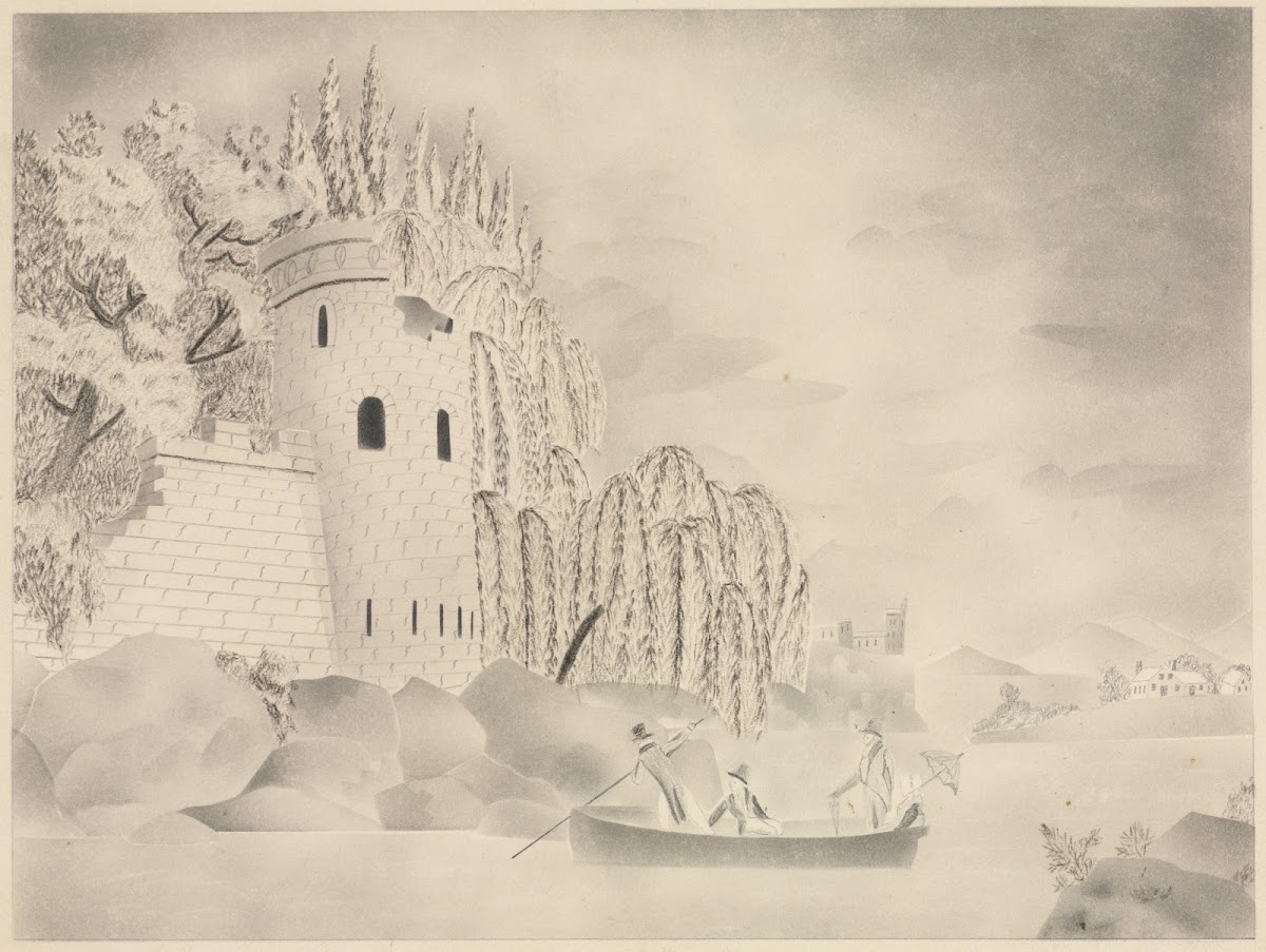 The Lonely Tower Castle on a River with Willows and a Boat 1800s