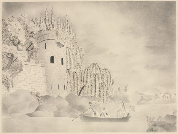 The Lonely Tower Castle on a River with Willows and a Boat 1800s