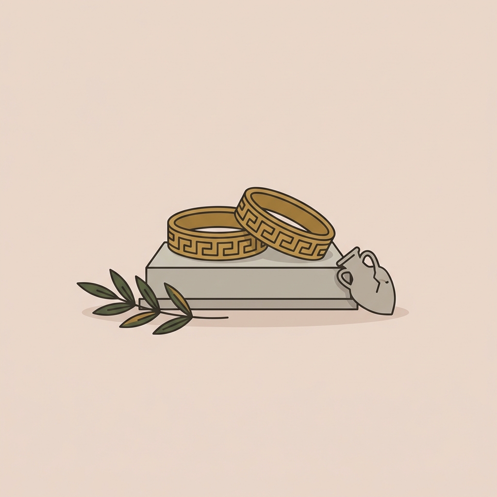 Minimalist 2D vector of two ancient greek wedding rings on a low pedestal with olive sprig and amphora fragment on soft beige background ede7da
