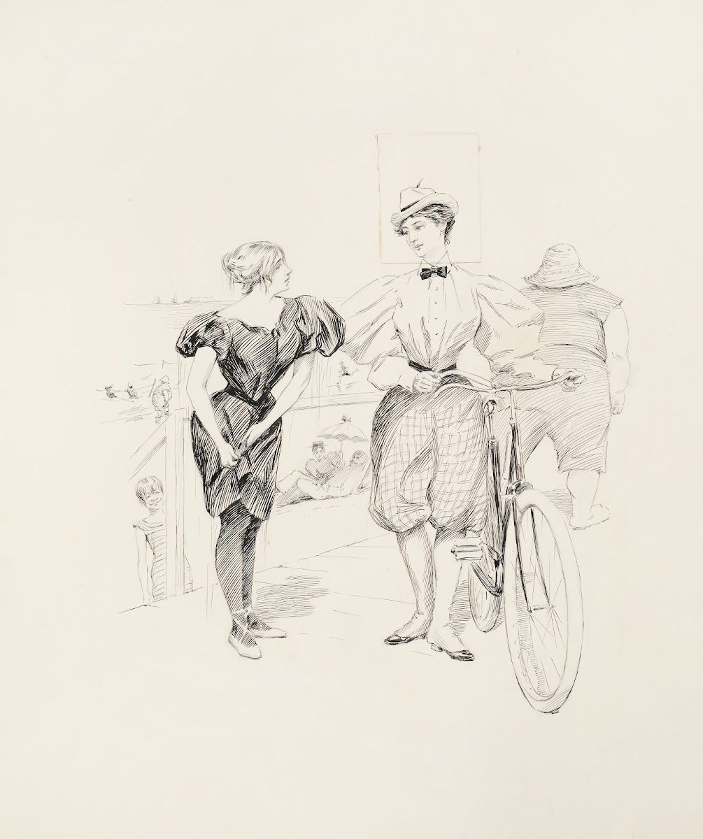 A beach boardwalk Two women talk one of them with a bicycle while others enjoy t