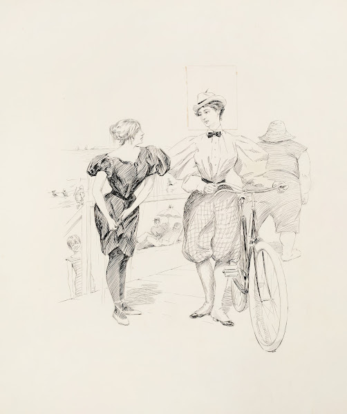 A beach boardwalk Two women talk one of them with a bicycle while others enjoy t