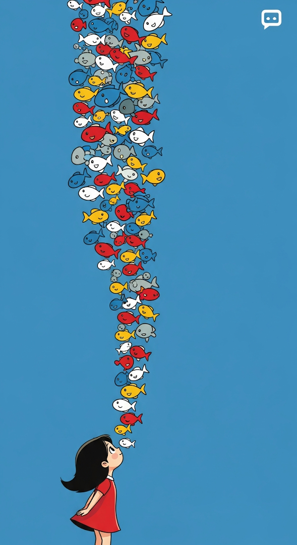 Cute Stylized Girl and Stream of Colorful Fish on Vibrant Blue Background