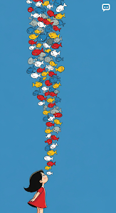 Cute Stylized Girl and Stream of Colorful Fish on Vibrant Blue Background