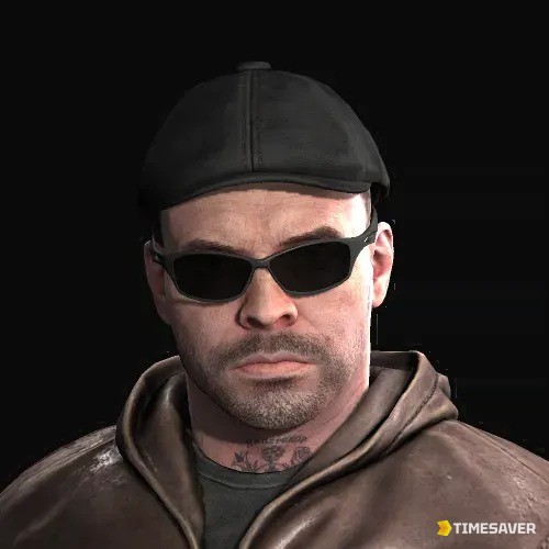 Reshala, the Customs Scav Boss in Escape from Tarkov, character portrait in a cap and sunglasses