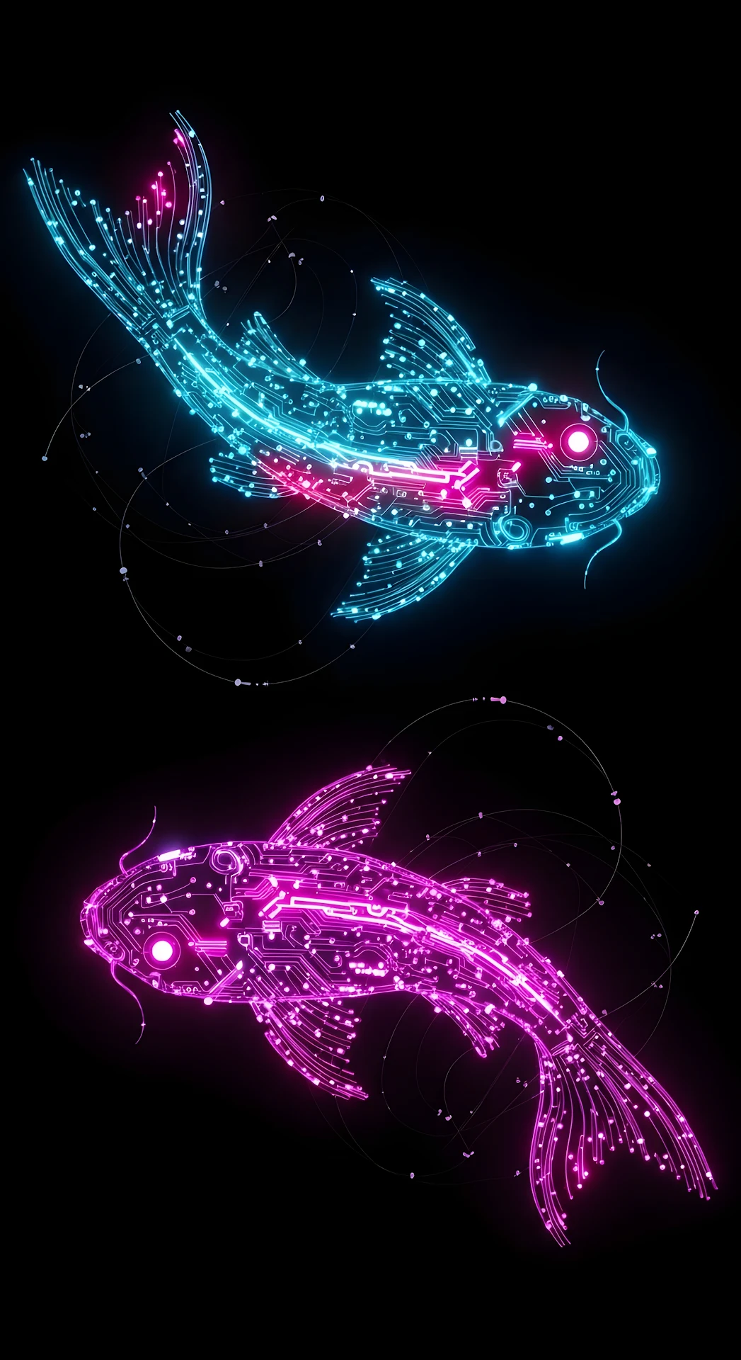 Neon Cybernetic Koi Fish Circuit Board Design on Black - Free 4K mobile Wallpaper