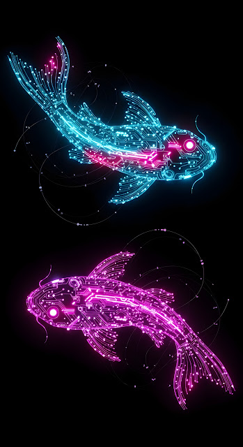 Neon Cybernetic Koi Fish Circuit Board Design on Black - Free mobile Wallpaper