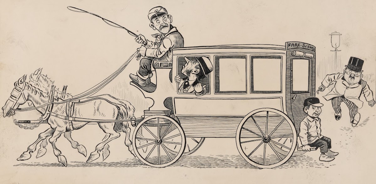 Six comic strip frames of coach driver and mischievous boy Pl1