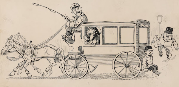 Six comic strip frames of coach driver and mischievous boy Pl1