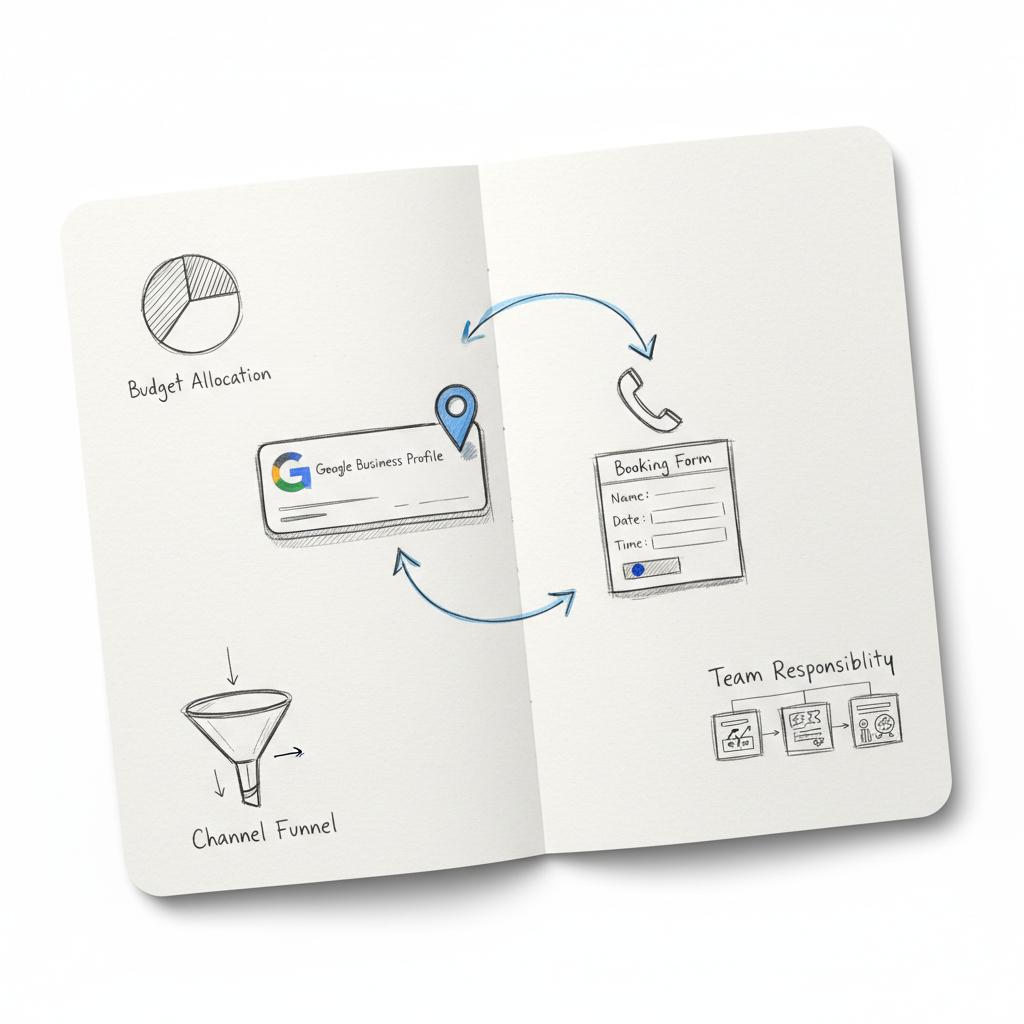 Close-up hand-drawn notebook sketch of a Google Business Profile and map pin with workflow arrows to phone icon and booking form illustrating plumbing company marketing spend