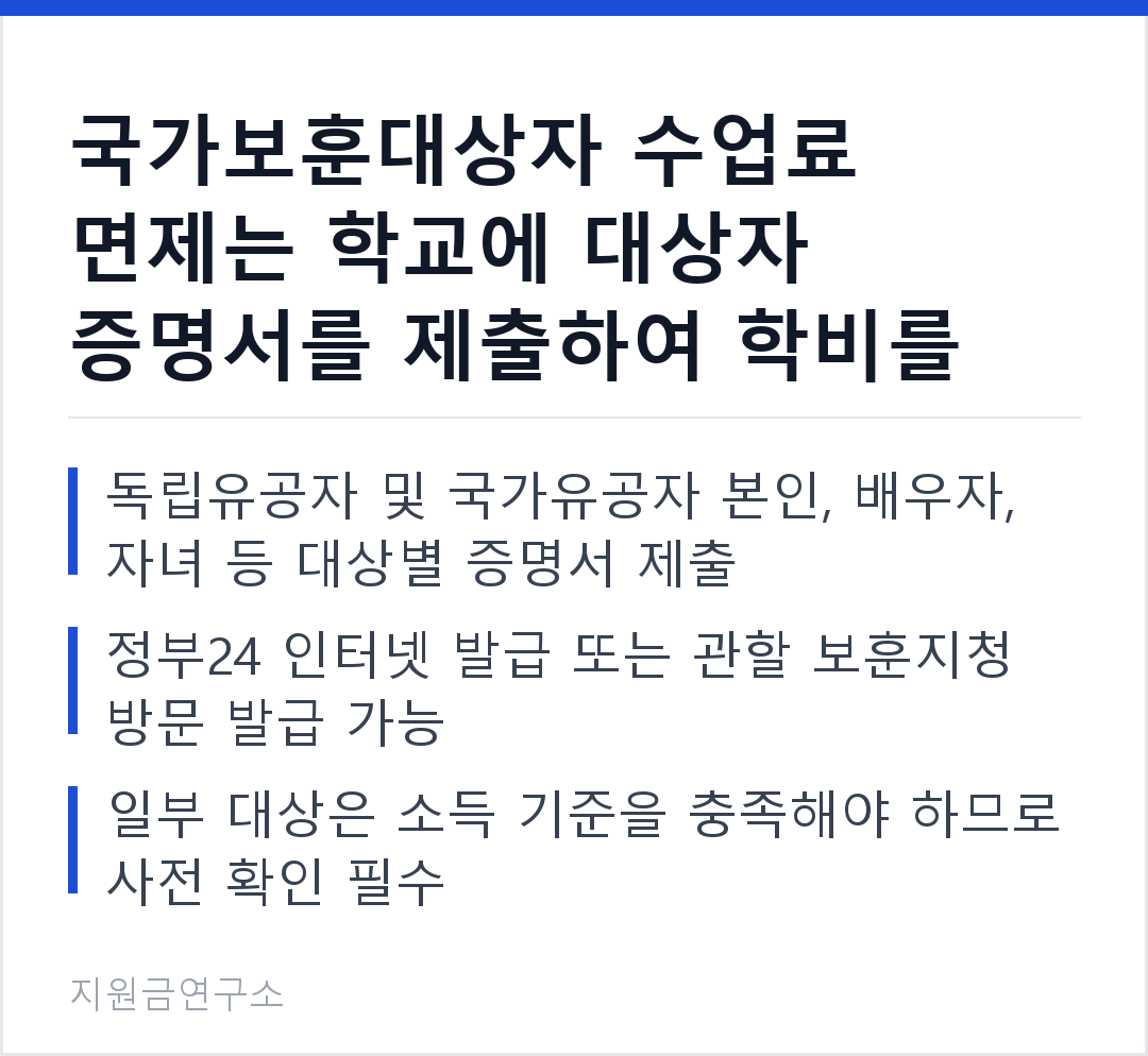 국가보훈대상자 수업료 면제는 학교에 대상자 증명서를 제출하여 학비를 감면받는 제도입니다. 독립유공자 및 국가유공자 본인, 배우자, 자녀 등 대상별 증명서 제출 정부24 인터넷 발급 또는 관할 보훈지청 방문 발급 가능