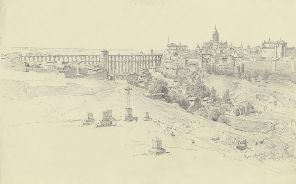 Ansicht von Segovia mit der großen römischen Wasserleitung 1857