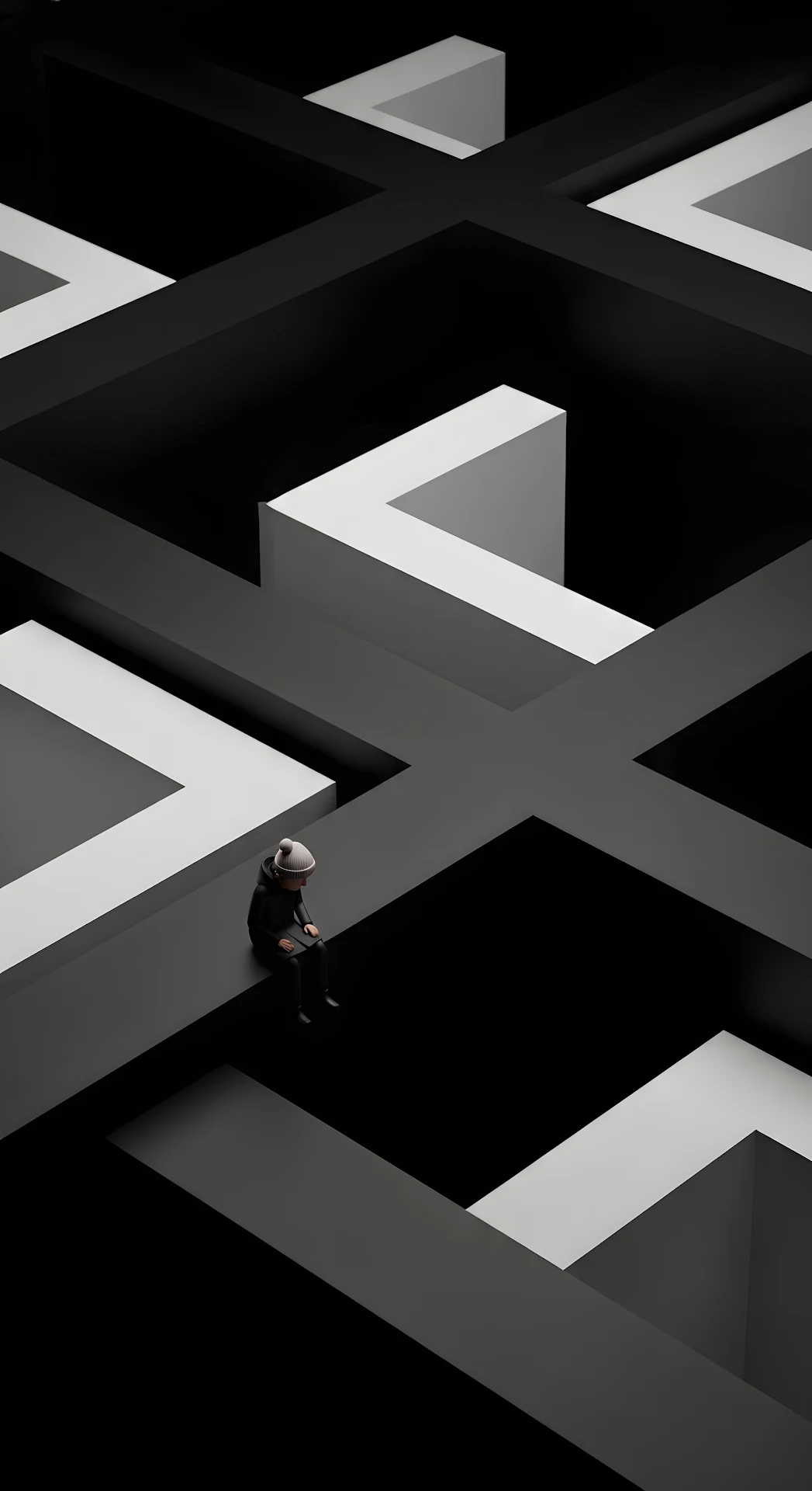 Abstract 3D Geometric Art of a Small Figure Lost in a Labyrinth of Black Shapes - Free 4K mobile Wallpaper