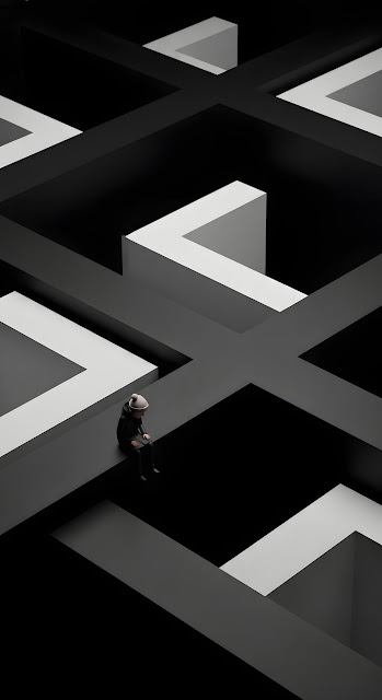 Abstract 3D Geometric Art of a Small Figure Lost in a Labyrinth of Black Shapes - Free mobile Wallpaper