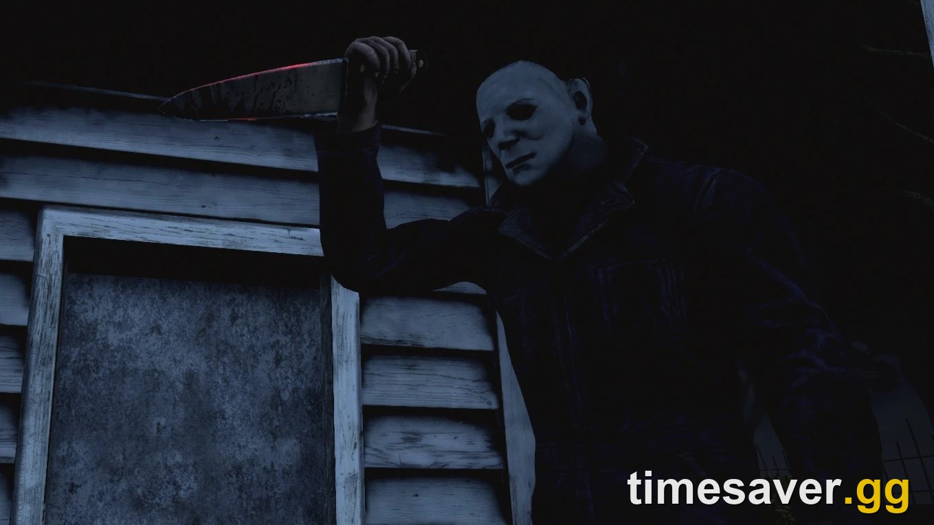 Low-angle night screenshot of The Shape raising his knife beside a weathered house in Dead by Daylight