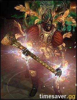 Izaro, the Labyrinth boss in Path of Exile, mid-fight with his electrified mace
