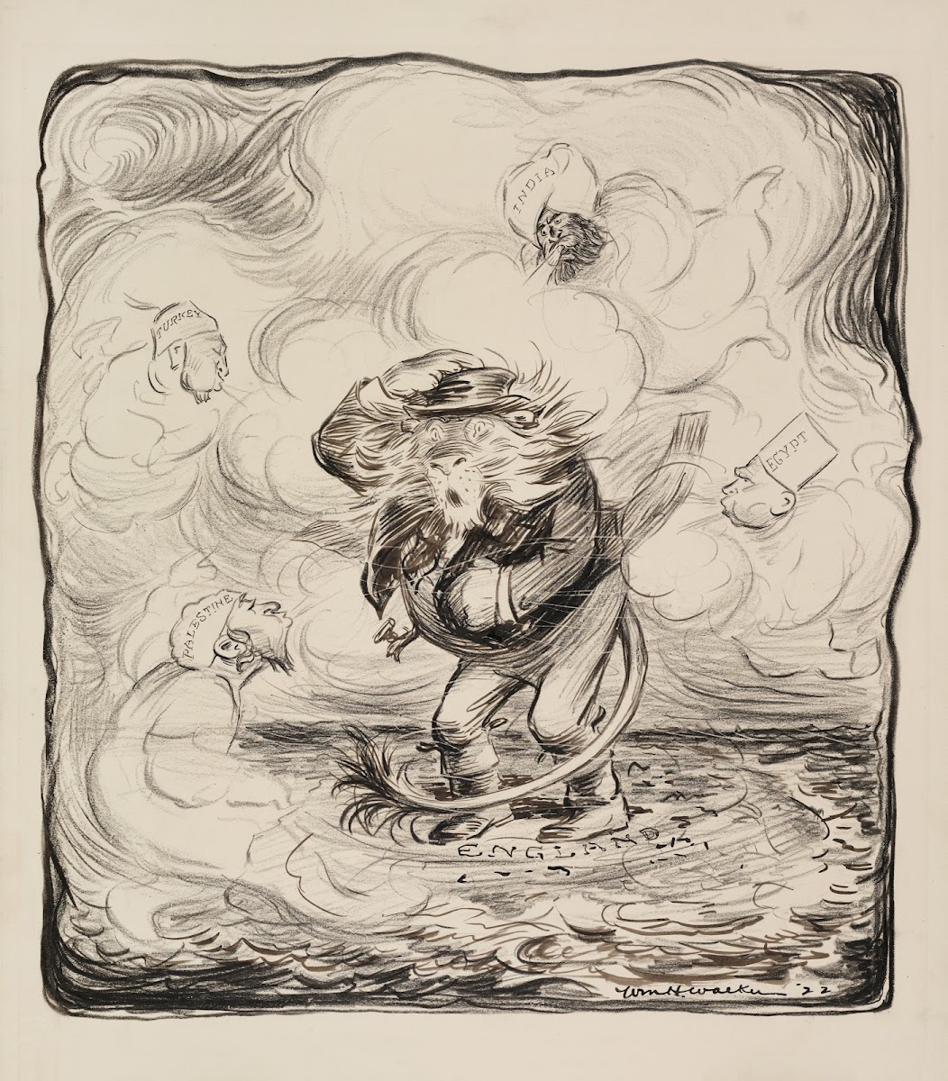 A lion England caught in a storm created by figures representing Palestine Turke