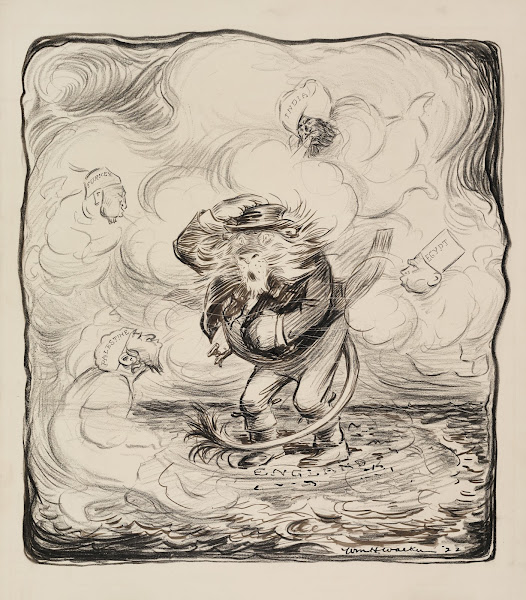 A lion England caught in a storm created by figures representing Palestine Turke