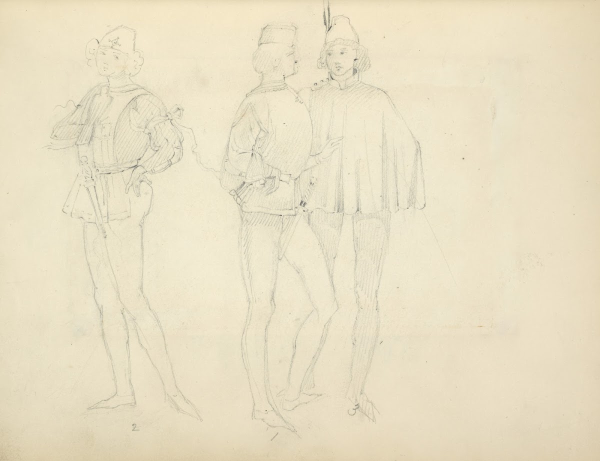 Three young men in tights and caps wearing a smock jacket and cape 1840