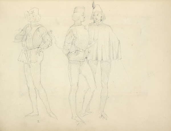 Three young men in tights and caps wearing a smock jacket and cape 1840