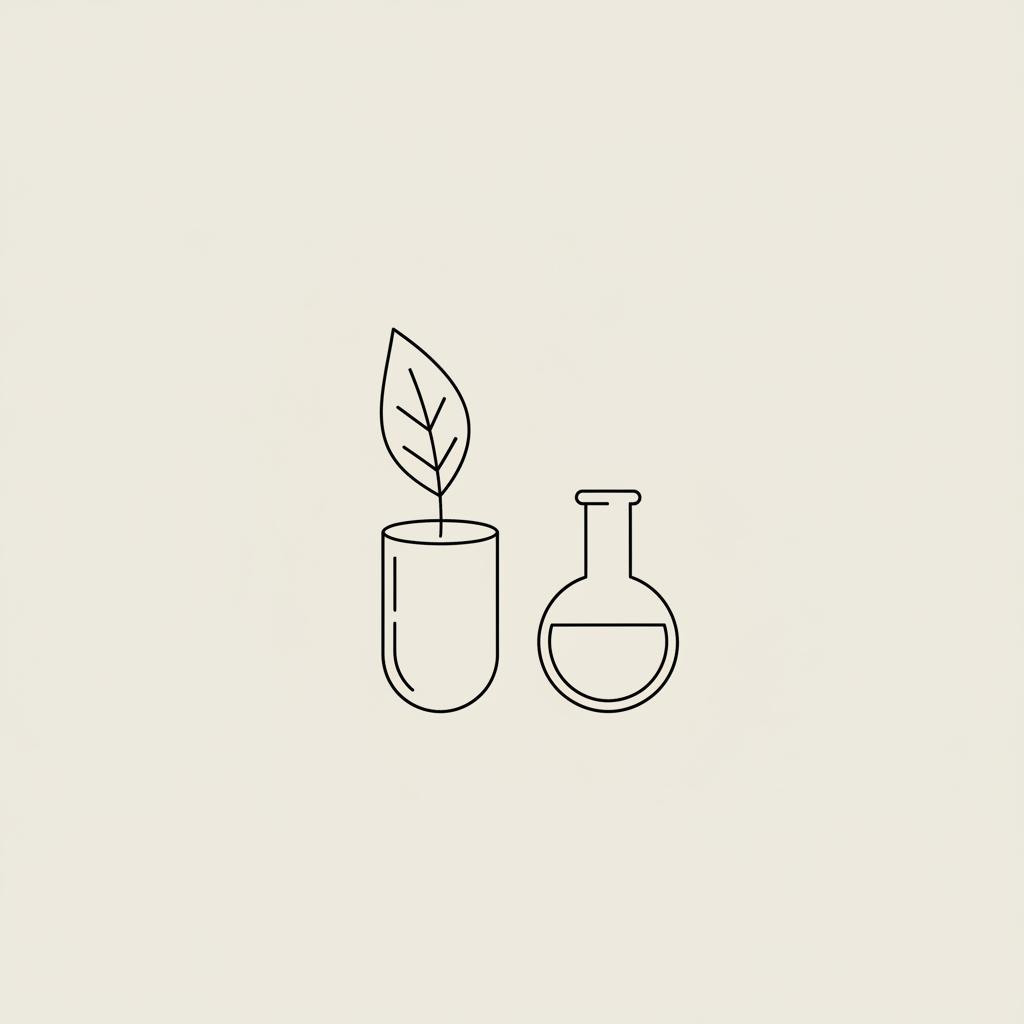Minimal Tonum-style line illustration of a berberine capsule, leaf and small lab beaker on flat beige background #F2E5D5, thin black outlines, 2D vector.