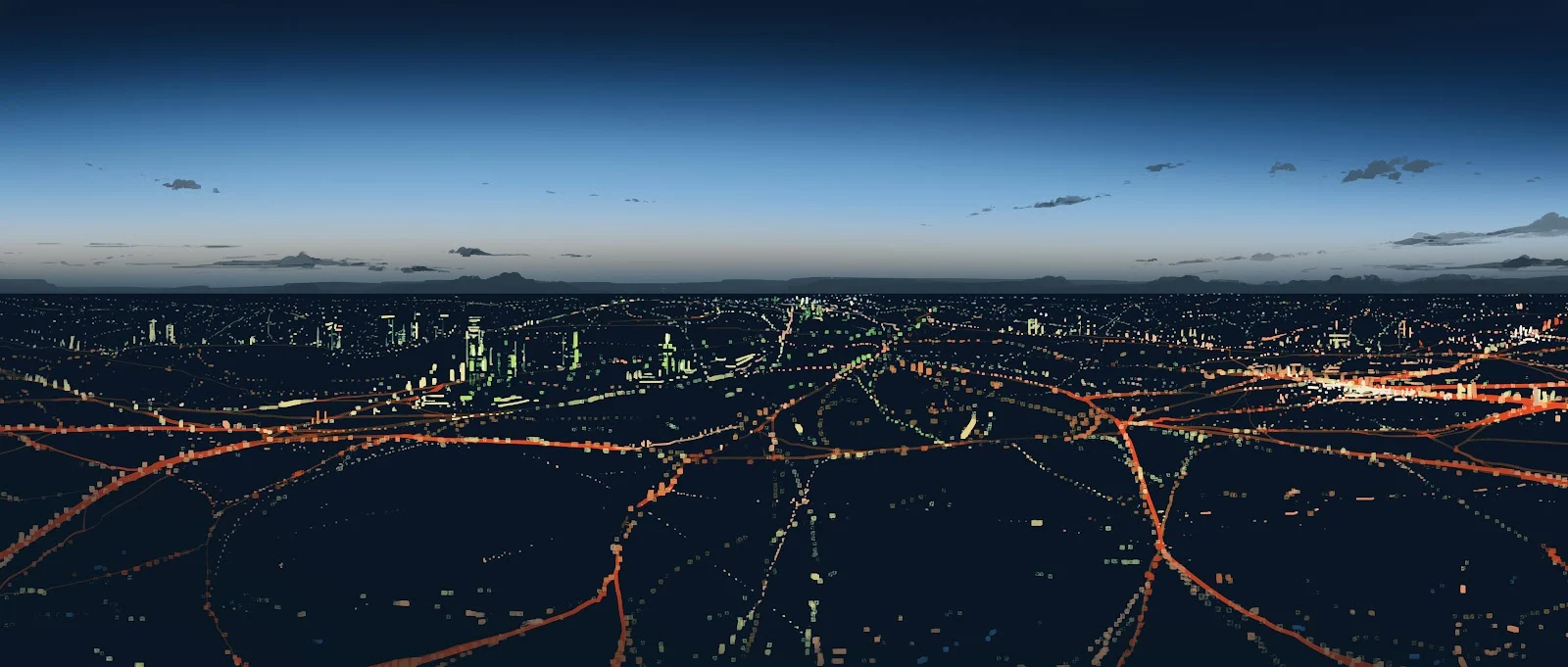 Panoramic Night City Traffic View - Digital Illustration 4K Wallpaper (5640x2400)