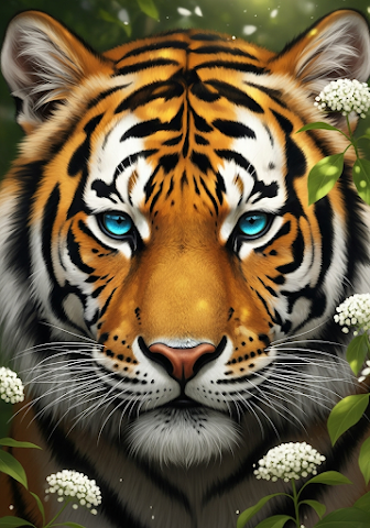 Majestic Tiger Portrait Blue Eyes White Flowers