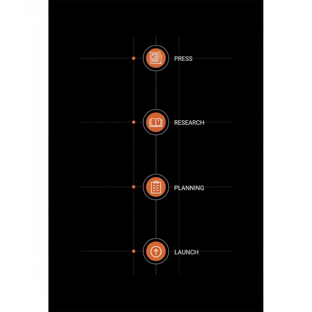 Minimal full-frame infographic timeline for a Wikipedia page showing press article, citation, and checklist vector icons in Social Success Hub brand colors.