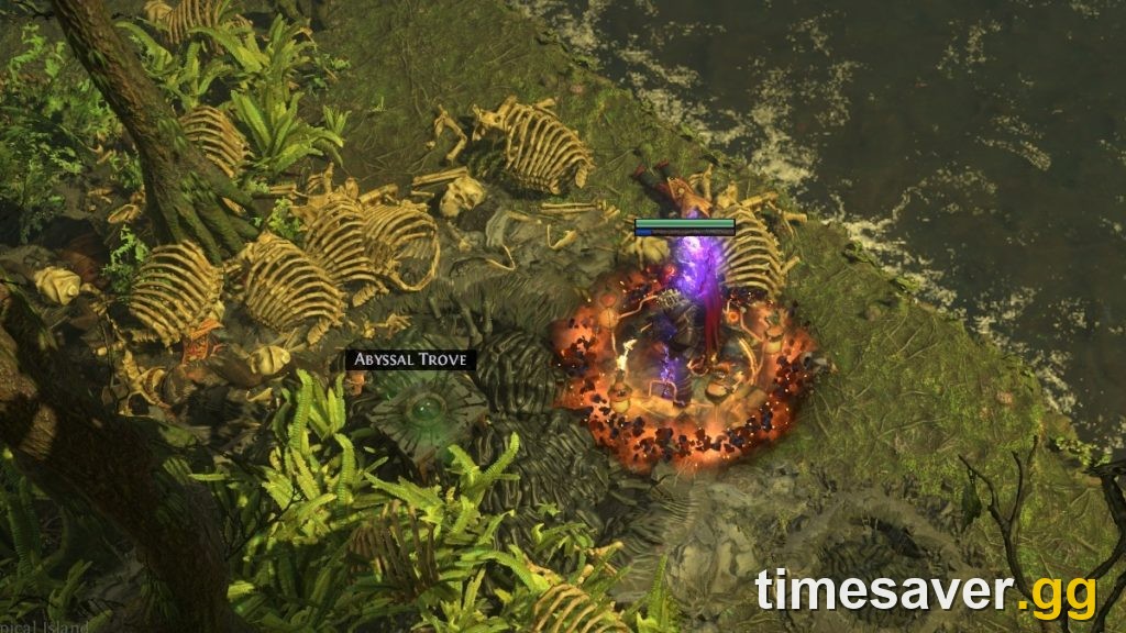 An Abyss resolving into an Abyssal Trove reward chest in Path of Exile, ringed by skeletal remains