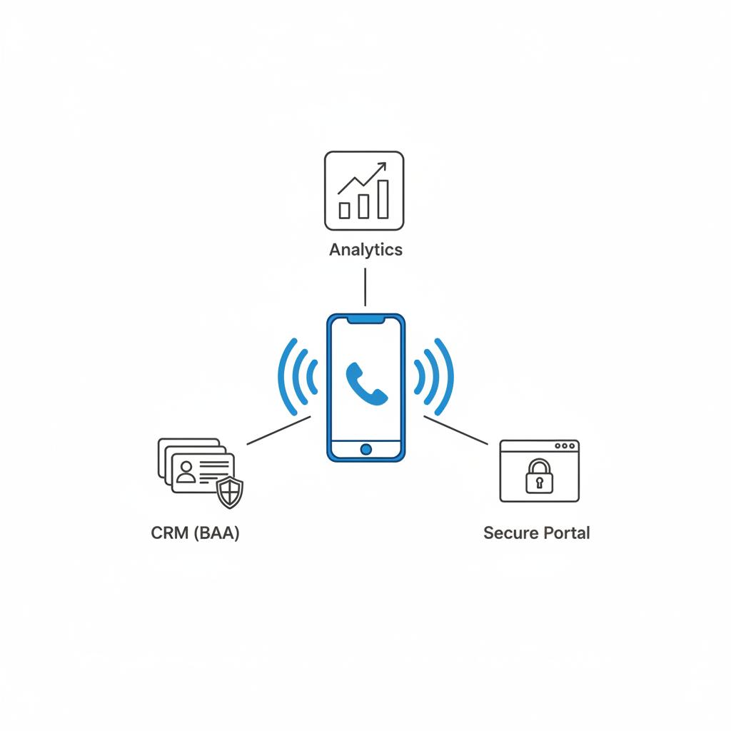 Minimal 2D vector network: central phone receiving a call connected to icons for analytics, CRM (BAA) with a shield, and a secure portal &mdash; can doctors advertise on Google