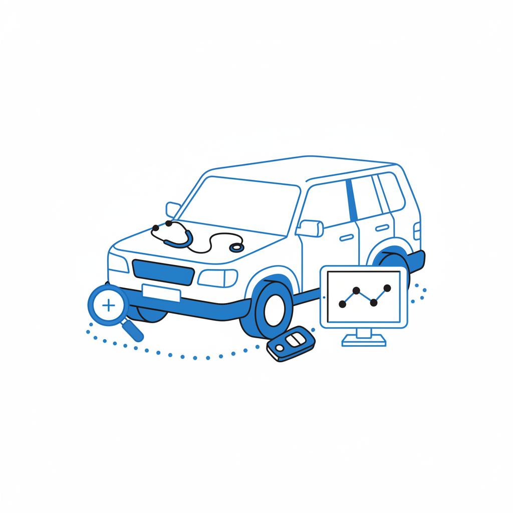 Illustration of a used SUV inspection with a vehicle history report timeline shown on a tablet