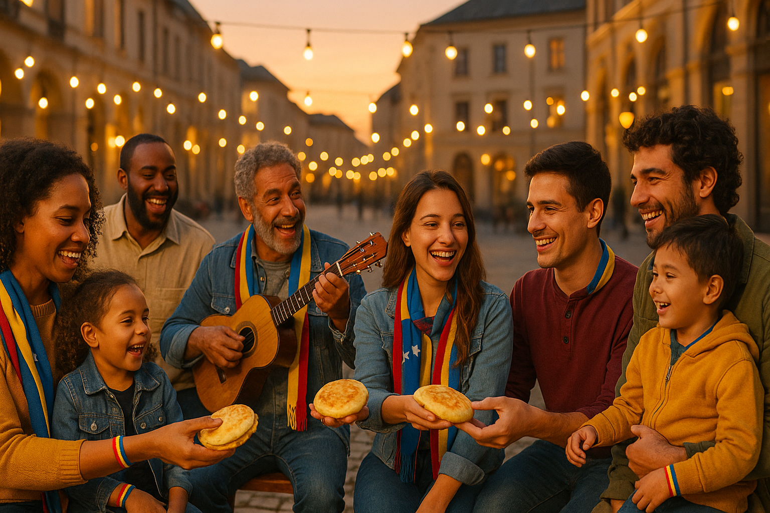 Comunidad venezolana reunida en una plaza iluminada celebrando con música y banderas