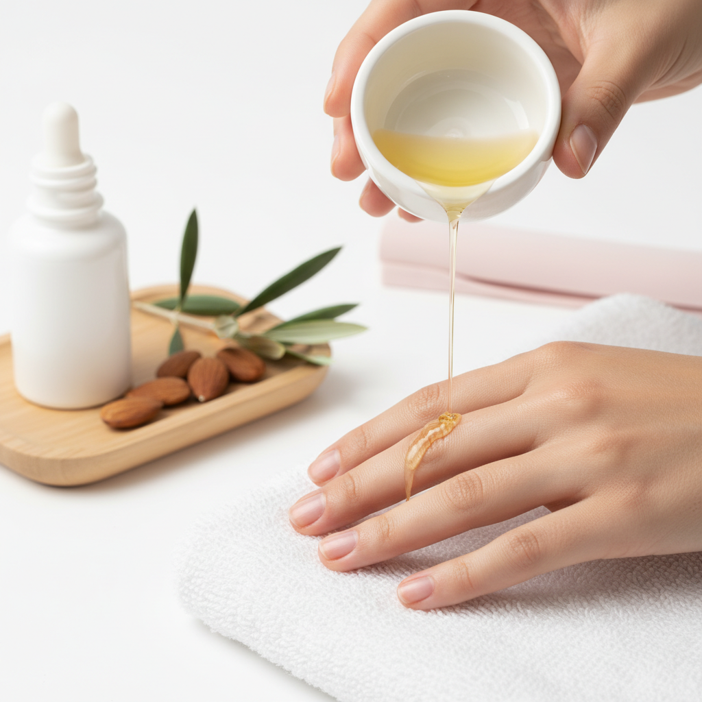 Nahaufnahme gepflegter Hände mit warmem Öl und frischen Botanicals als brüchige Fingernägel Hausmittel, minimalistischer weißer Hintergrund mit #f57fb6 Akzent