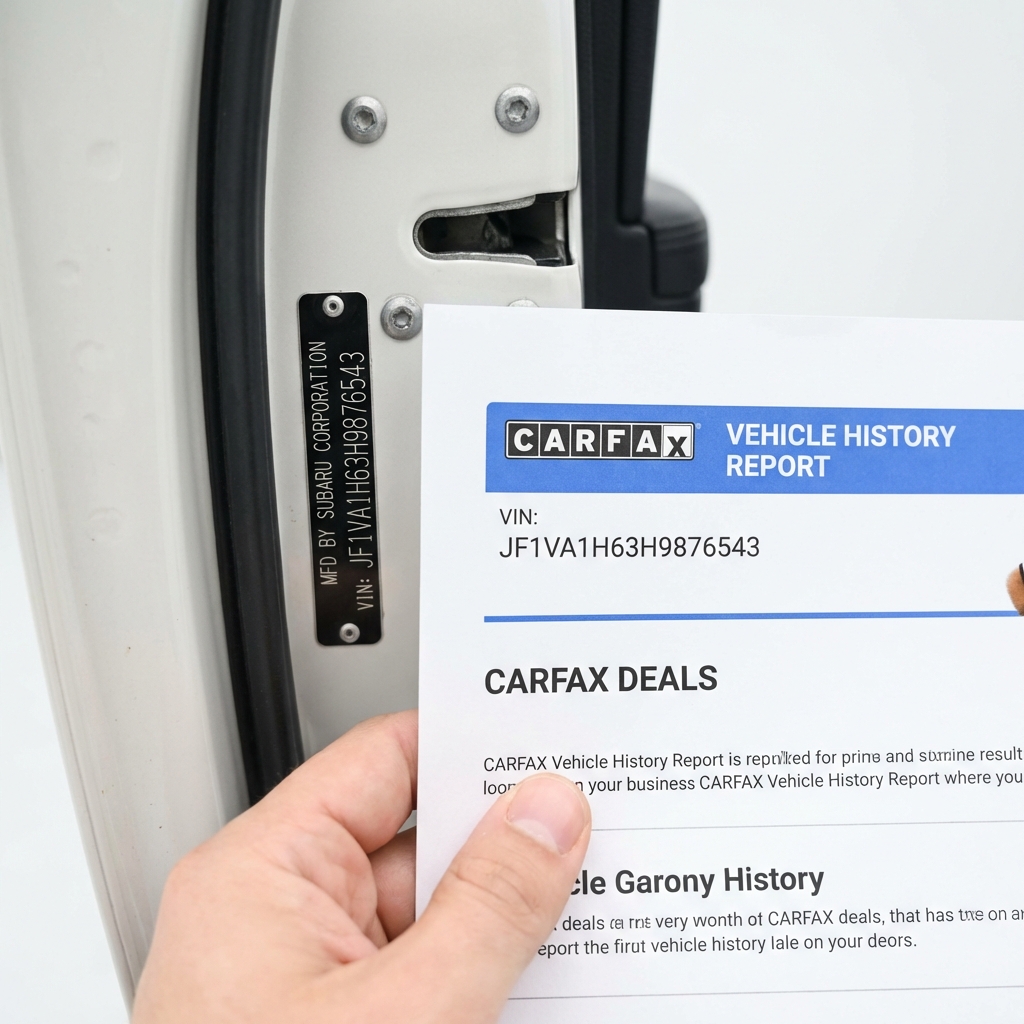 Close up of Subaru VIN plate with hand holding printed vehicle history report on white background minimalist CarFax Deals style subaru crosstrek for sale