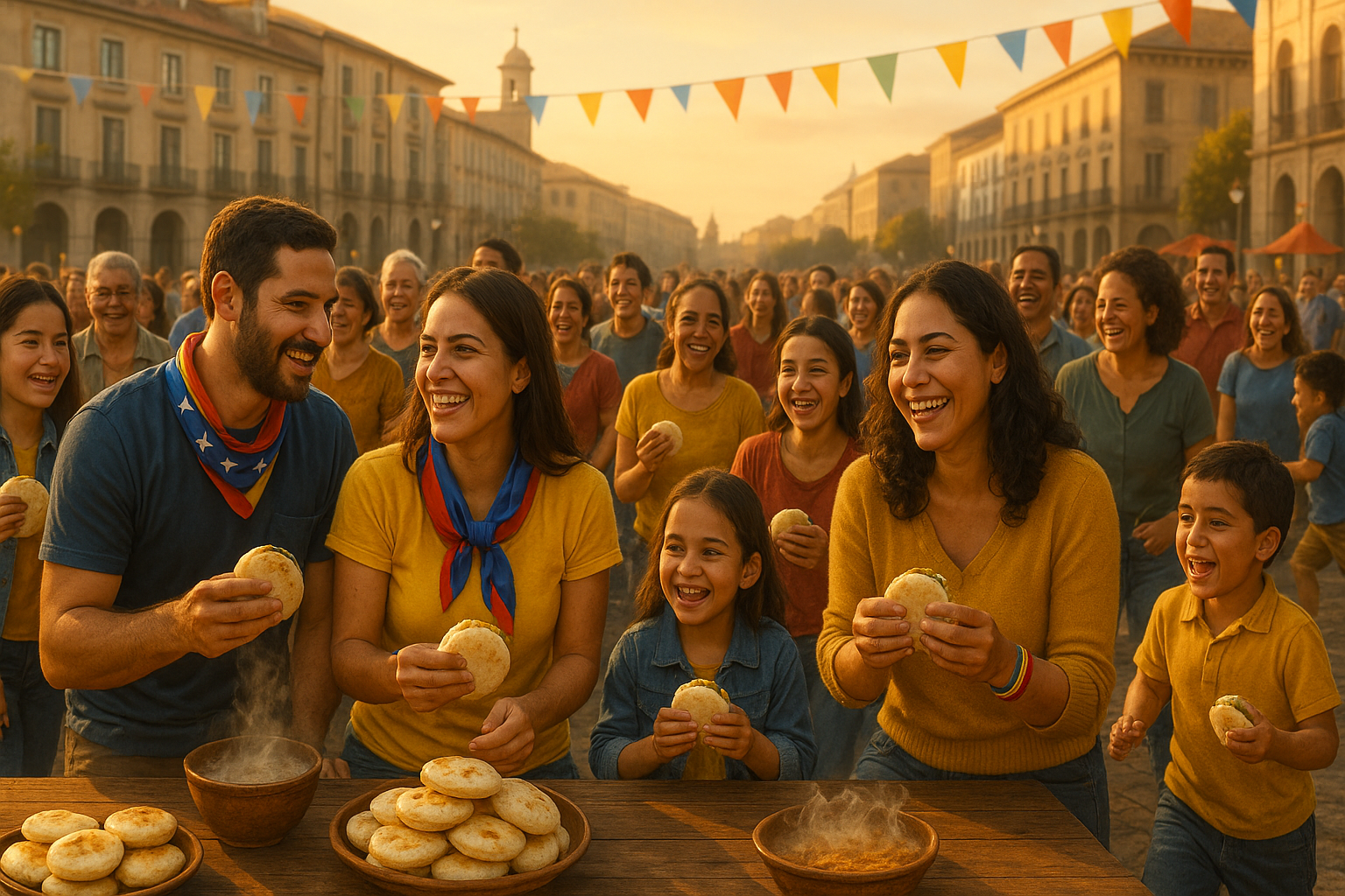 Venezolanos en el exterior compartiendo arepas en una plaza europea al atardecer