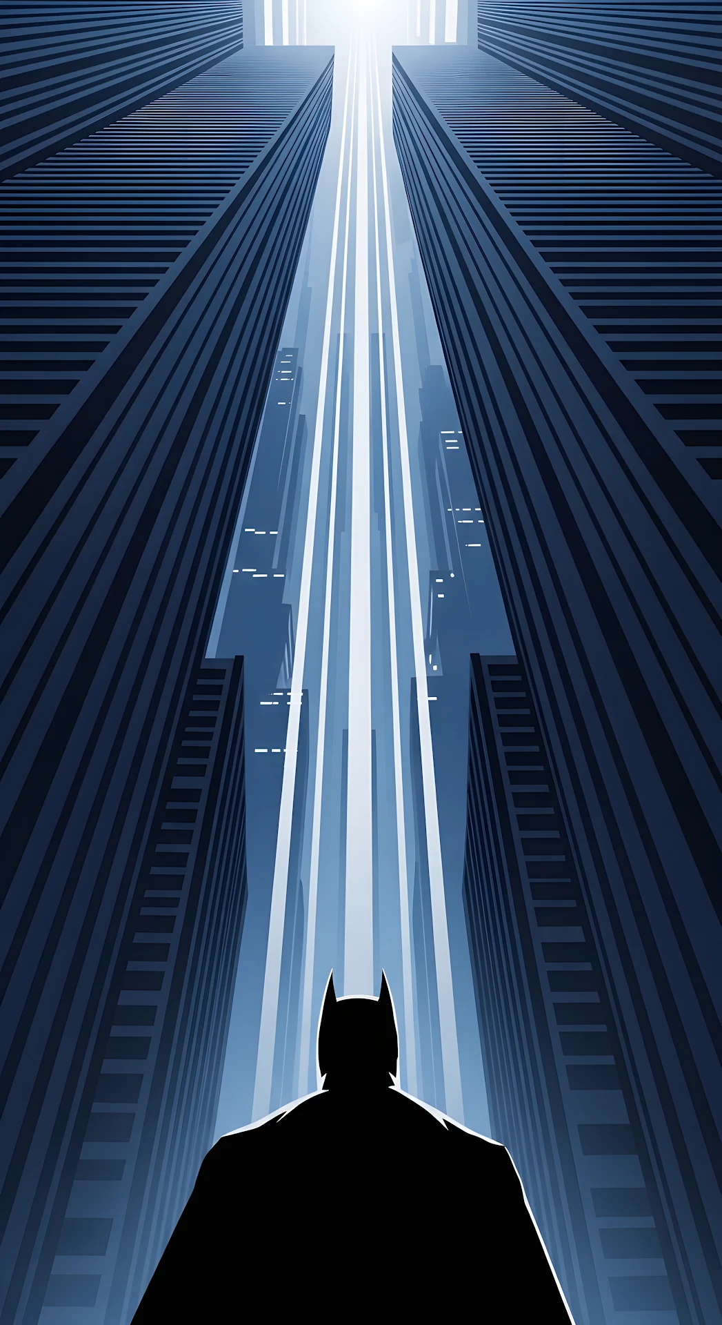 Silhouette of Superhero Looking Up at Blue City Skyscrapers Illustration - Free 4K mobile Wallpaper