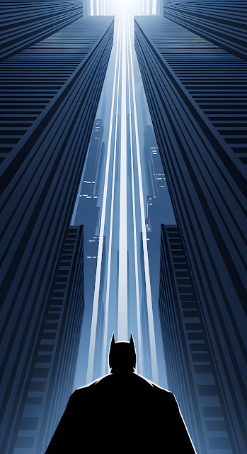 Silhouette of Superhero Looking Up at Blue City Skyscrapers Illustration - Free mobile Wallpaper