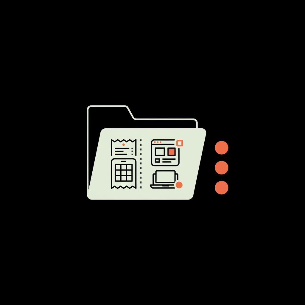 Flat vector infographic of an organized evidence folder with receipts, screenshots and device list on black background — how to recover google account if i don't remember anything