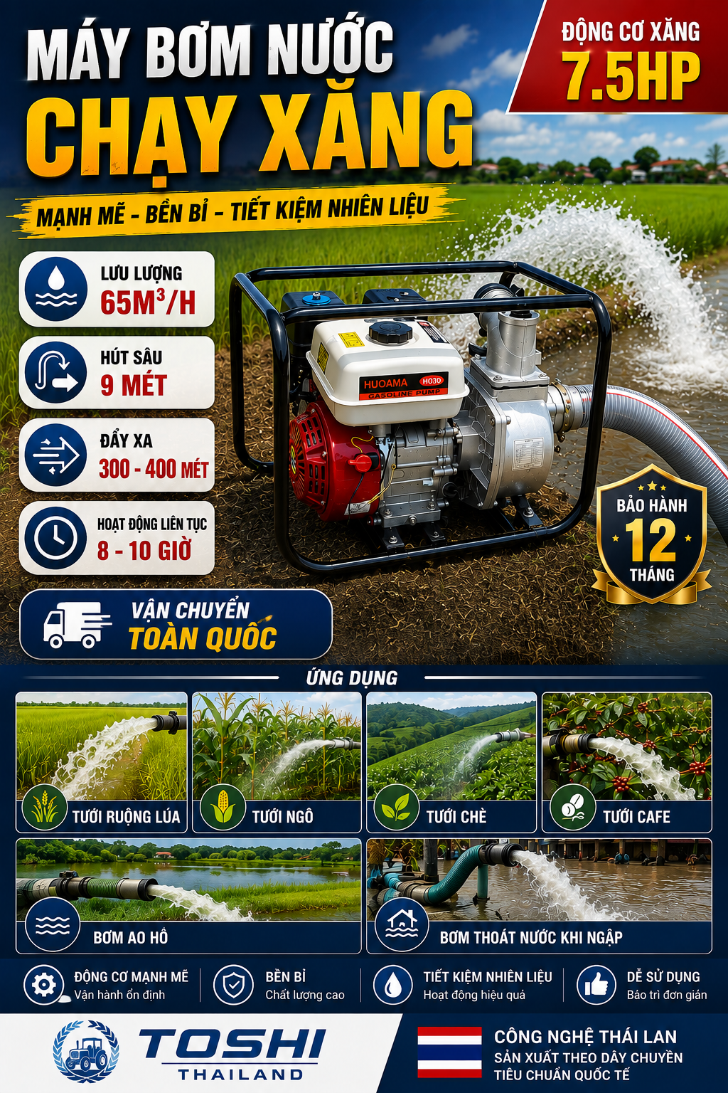 MÁY BƠM NƯỚC CHẠY XĂNG 2.5HP Màu xanh