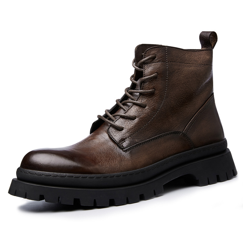 Men's lace-up cowhide leather vintage-style boots