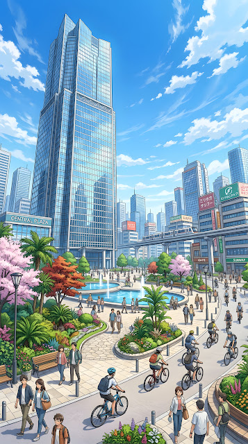 Futuristic Urban Plaza with Anime Style Architecture and Gardens - Free mobile Wallpaper