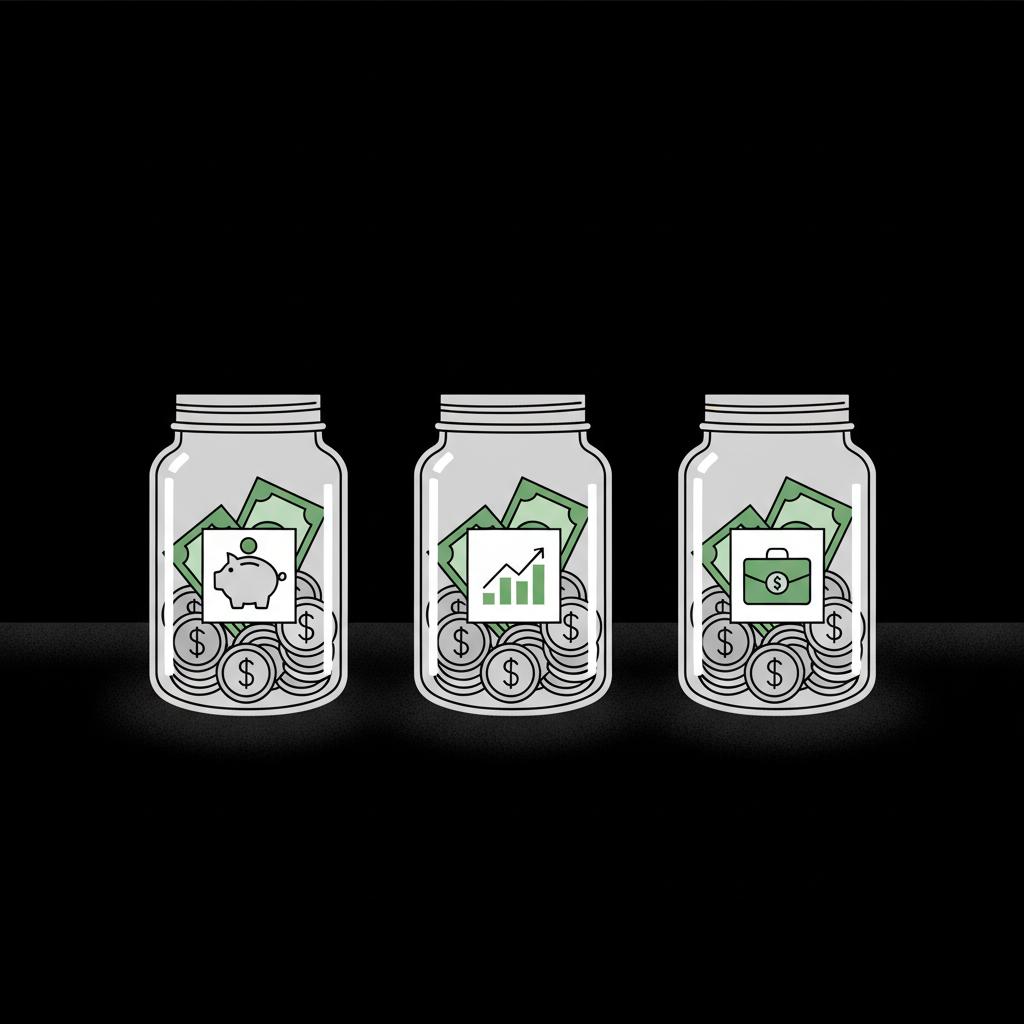 Minimal 2D vector of three jars with coins and bills representing save invest and side hustle in Finance Police brand colors turn $100 into $500